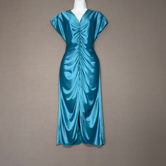 Avon Dresses & Skirts - AVON Vintage Teal Turquoise Blue Satin Ruched V-Neck Midi Dress Size 8